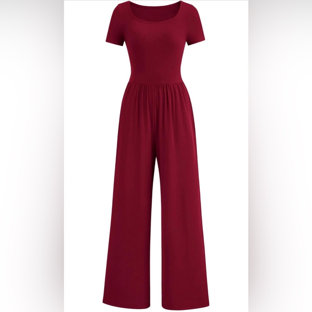 Short Sleeve Wide Leg Women’s Burgundy Jumpsuit